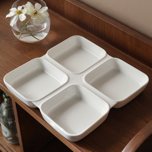 8.5" White Ceramic 4-Section Dessert Plate Perfect for Appetizers, Tasting Menus & Snack Presentation