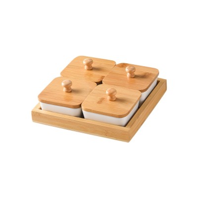 4-Piece Ceramic Snack Bowl Set with Bamboo Tray