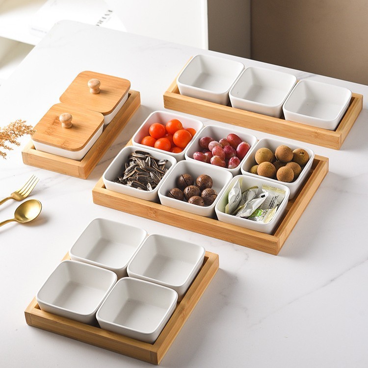 Side Profile of 4-Piece Ceramic Snack Bowl Set with Bamboo Tray