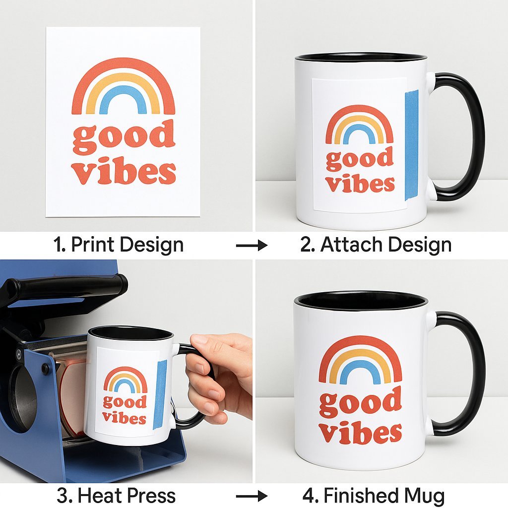 Glossy Surface of 11oz Sublimation Stoneware Mug with Full Color Brand Logo Printed via Heat Press