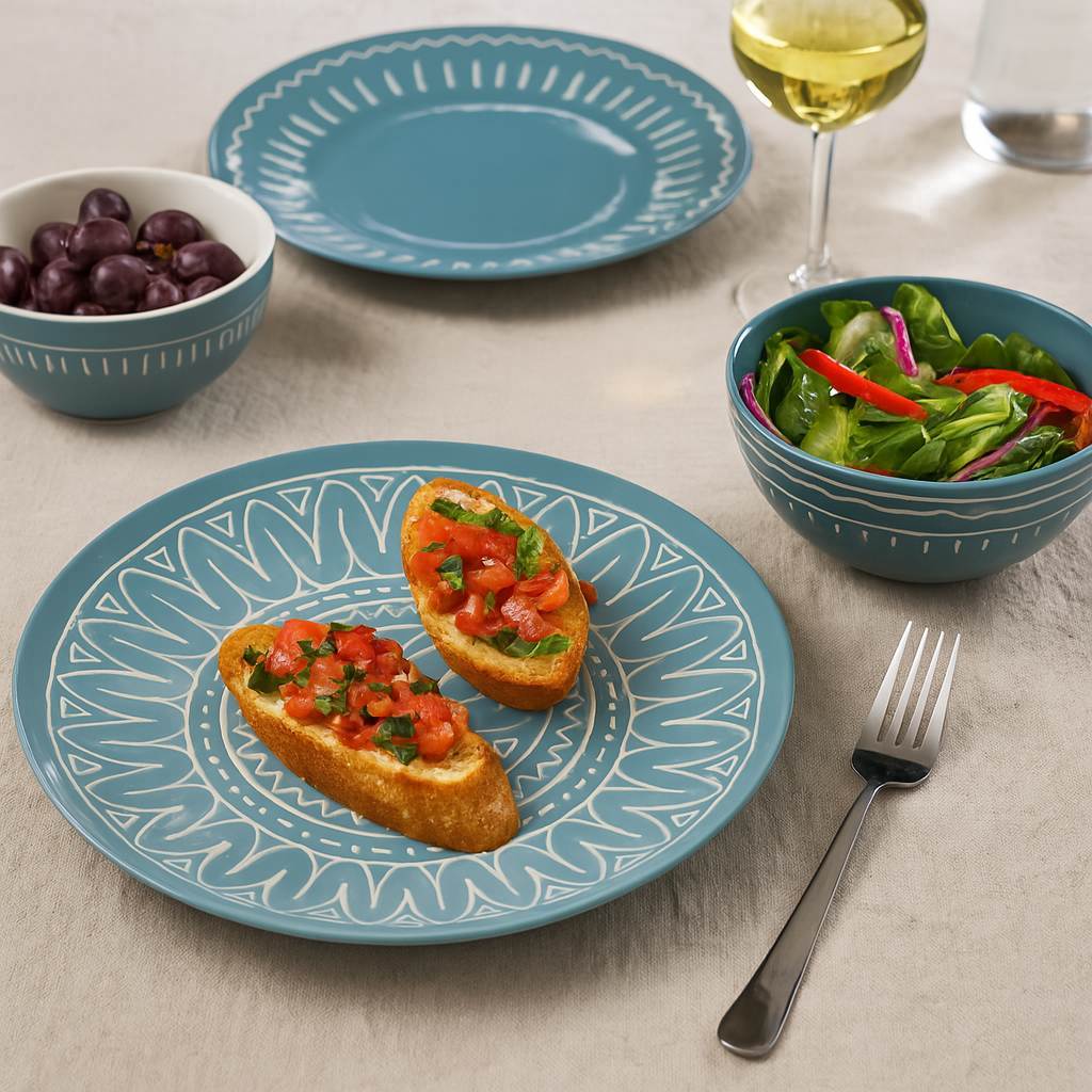 Boho Style Hand-Painted Ceramic Dinnerware Set 3 Piece Green & White In Bohemian Dining Table Setting With Linen Tablecloth And Fresh Florals