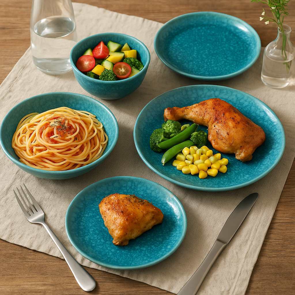 Everyday Dining Scene with 4-Piece Teal Blue Crystalline Glazed Stoneware Dinnerware Set