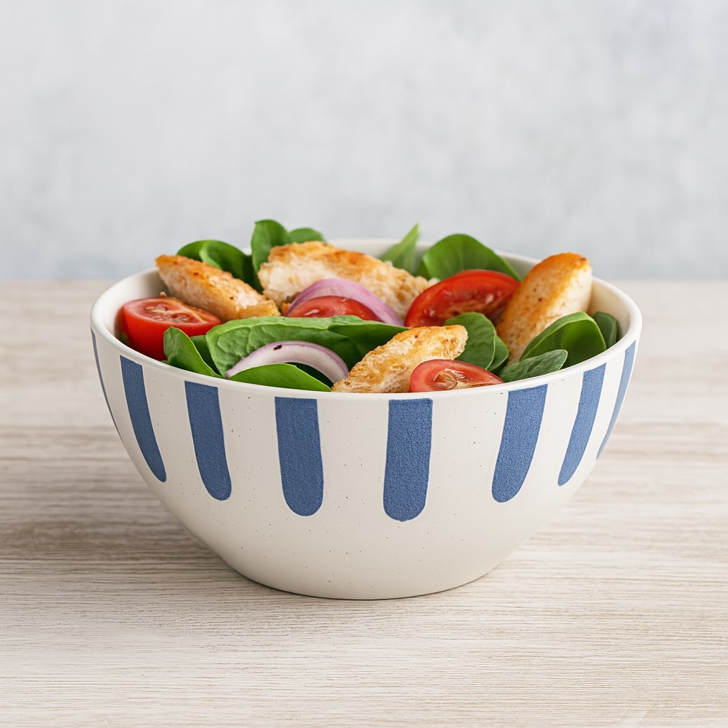 Nordic style ceramic bowl with fresh salad on dining table
