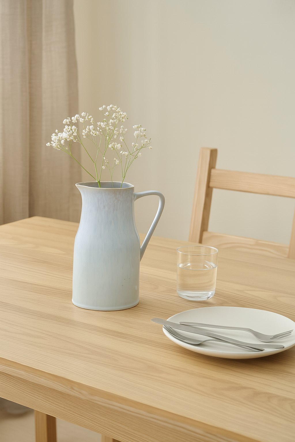 Handcrafted Reactive Glaze Ceramic Pitcher Soft Blue Gradient Multi-Use Stoneware Jug In Modern Kitchen Counter Setting With Fresh Lemon And Glassware