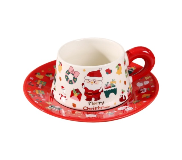 Tazas de café navideñas de cerámica con platillo