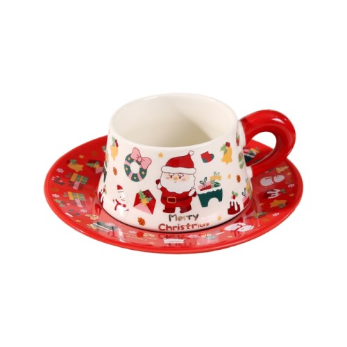 Christmas Ceramic Coffee Cups with Saucer | 300ml Festive Santa & Holiday Design