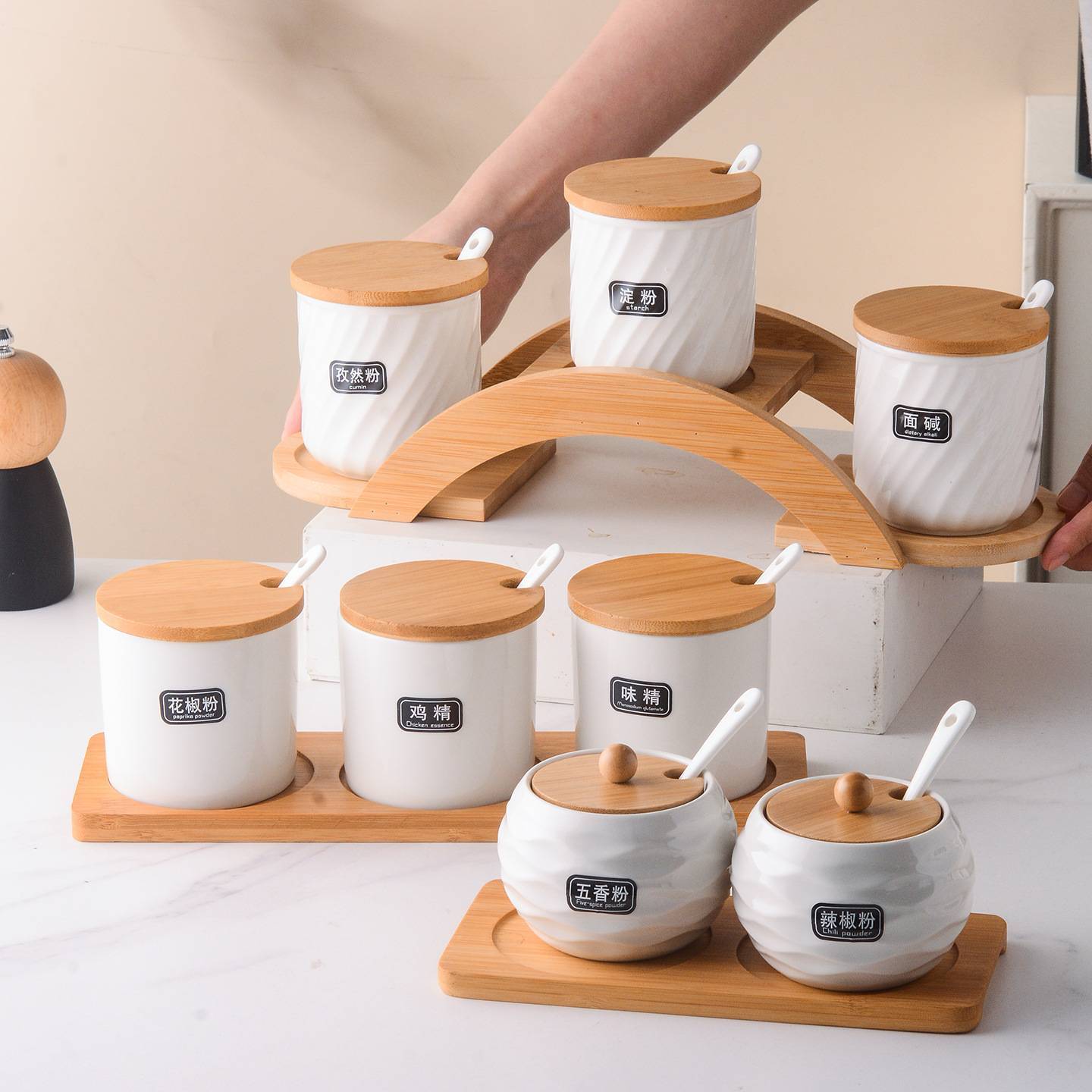 Nordic Ceramic Spice Jar Set Kitchen Usage Scene