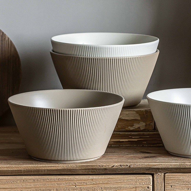 Stacked Ribbed Stoneware Ceramic Soup Bowl