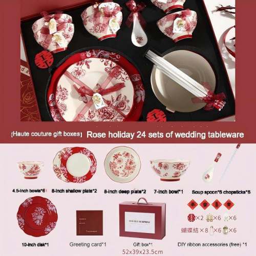 Elegant Newlywed Ceramic Dinnerware Set | 24-Piece Luxury Wedding Gift, Perfect for Home and Engagement Celebration
