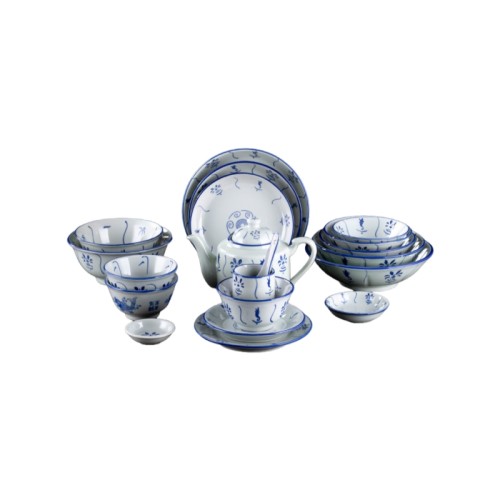 Vintage Blue & White Porcelain Dinnerware Set | Bowls, Plates & Teapot for Traditional Dining