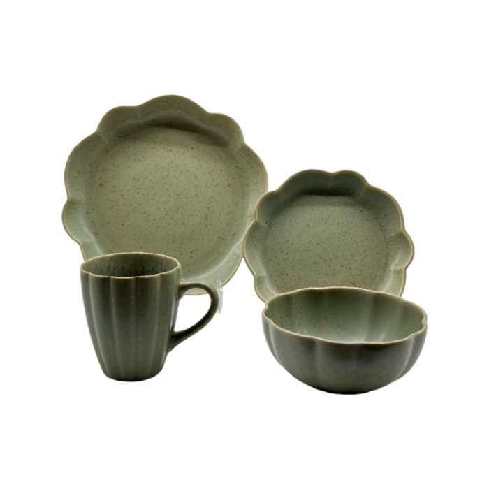 Artisan Green Stoneware Tableware Set – 4 Piece Ceramic Dinnerware for Modern Home Dining