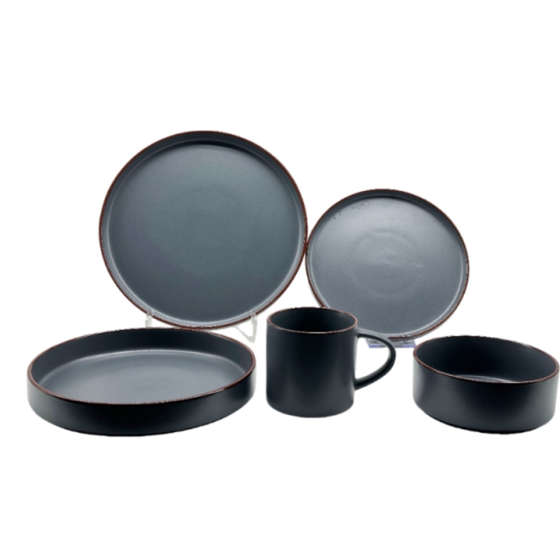5-Piece Matte Stoneware Dinnerware Set – Modern Black & Grey Plates