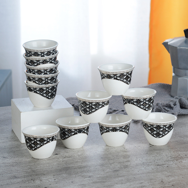 Stackable Ceramic Tea Cups With Blue Text Pattern Design