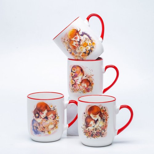 Silk-Screen Printed Mother's Day Ceramic Coffee Mugs - Parent & Child Warm Red Pattern, 11oz Stoneware