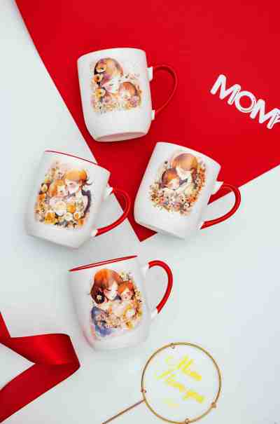 Silk-Screen Printed Mother's Day Ceramic Coffee Mugs - Parent & Child Warm Red Pattern, 11oz Stoneware