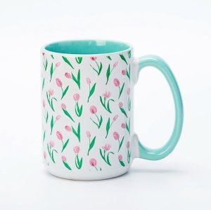 Ceramic Decal Printing Fresh Floral Ceramic Coffee Mugs - Elegant Floral Pattern, Solid Color Handle, 11oz Stoneware