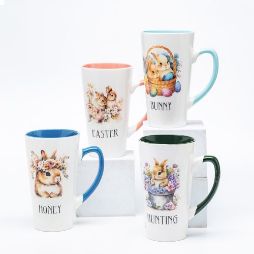 Silk-Screen Printed Easter Bunny Tall Ceramic Mugs - Tall Shape, Solid Color Inside, 12oz Stoneware