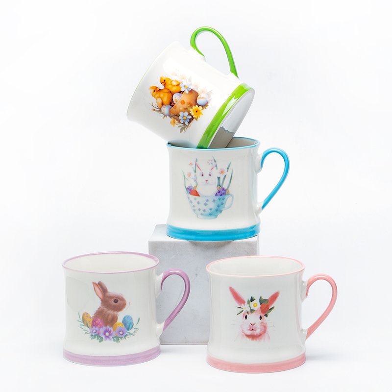 Tazas de café de cerámica con estampado de conejo y calcomanías de animales - Lindo diseño de conejito