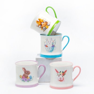 Silk-Screen Printed Multicolor Rabbit Animal Ceramic Coffee Mugs - Cute Bunny Pattern, 11oz Stoneware