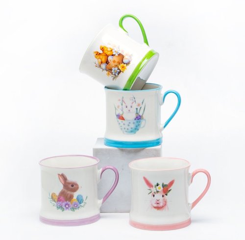 Silk-Screen Printed Multicolor Rabbit Animal Ceramic Coffee Mugs - Cute Bunny Pattern, 11oz Stoneware