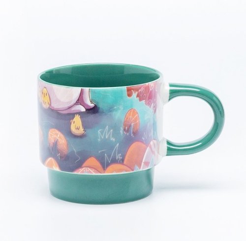 Silk-Screen Printed Blue Floral Ceramic Coffee Mugs - Classic Blue on White, 11oz Stoneware