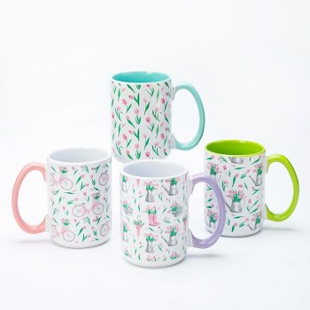 Silk-Screen Printed Fresh Floral Ceramic Coffee Mugs - Elegant Floral Pattern, Solid Color Handle, 11oz Stoneware