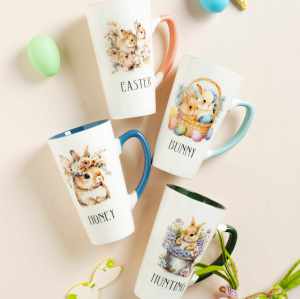 Tazas altas de cerámica con estampado de conejito de Pascua - Forma alta, interior de color liso, gres.