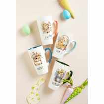 Silk-Screen Printed Easter Bunny Tall Ceramic Mugs - Tall Shape, Solid Color Inside, 17oz Stoneware
