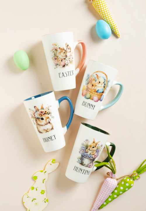 Silk-Screen Printed Easter Bunny Tall Ceramic Mugs - Tall Shape, Solid Color Inside, 12oz Stoneware