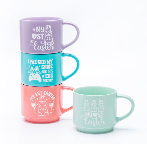 Debossed Logo Easter Solid Color Stackable Ceramic Mugs - Stackable Design