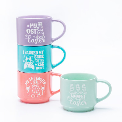 Debossed Logo Easter Solid Color Stackable Ceramic Mugs - Stackable Design