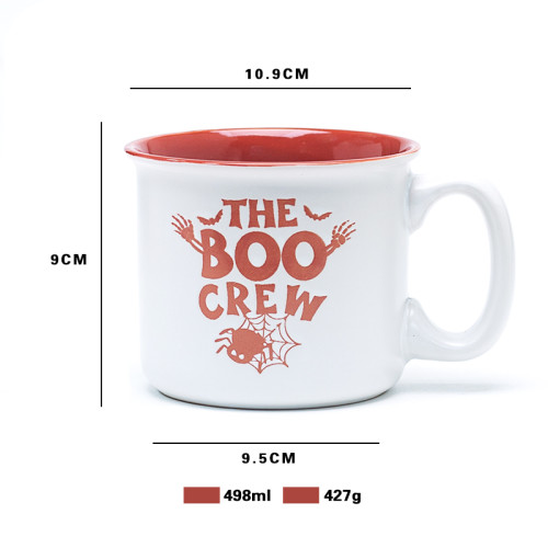 Debossed Logo Halloween Red Floral Ceramic Coffee Mugs - Red & White Spooky Pattern, Stoneware