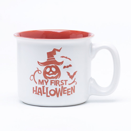 Debossed Logo Halloween Red Floral Ceramic Coffee Mugs - Red & White Spooky Pattern, Stoneware