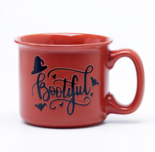 Debossed Logo Halloween Red Floral Ceramic Coffee Mugs - Red & White Spooky Pattern, Stoneware