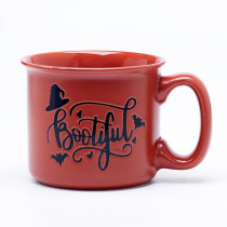 Debossed Logo Halloween Red Floral Ceramic Coffee Mugs - Red & White Spooky Pattern, Stoneware