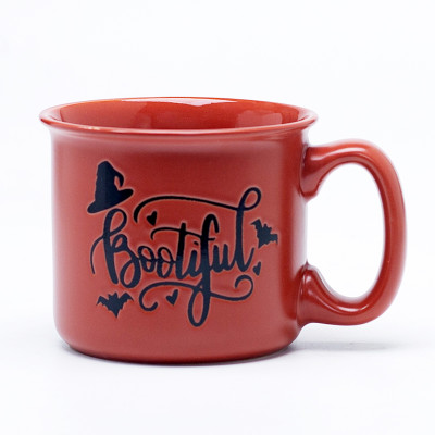 Debossed Logo Halloween Red Floral Ceramic Coffee Mugs - Red & White Spooky Pattern, Stoneware