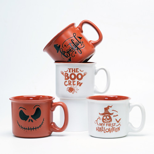 Debossed Logo Halloween Red Floral Ceramic Coffee Mugs - Red & White Spooky Pattern, Stoneware