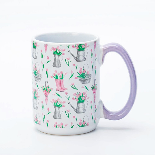 Ceramic Decal Printing Fresh Floral Ceramic Coffee Mugs - Elegant Floral Pattern, Solid Color Handle, Stoneware