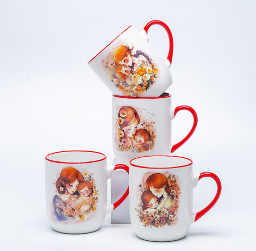 Ceramic Decal Printed Mother's Day Ceramic Coffee Mugs - Parent & Child Warm Red Pattern, Stoneware