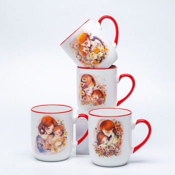 Ceramic Decal Printed Mother's Day Ceramic Coffee Mugs - Parent & Child Warm Red Pattern, Stoneware