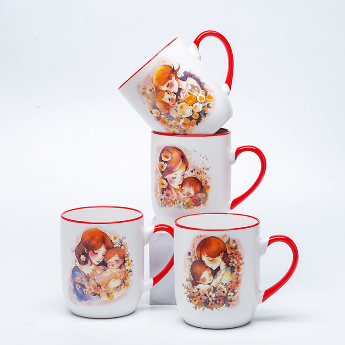 Ceramic Decal Printed Mother's Day Ceramic Coffee Mugs - Parent & Child Warm Red Pattern, Stoneware