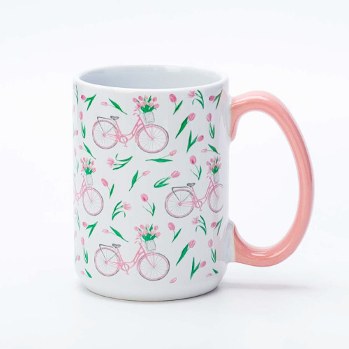 Ceramic Decal Printing Fresh Floral Ceramic Coffee Mugs - Elegant Floral Pattern, Solid Color Handle, Stoneware