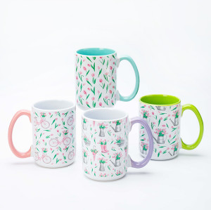 Ceramic Decal Printing Fresh Floral Ceramic Coffee Mugs - Elegant Floral Pattern, Solid Color Handle, Stoneware