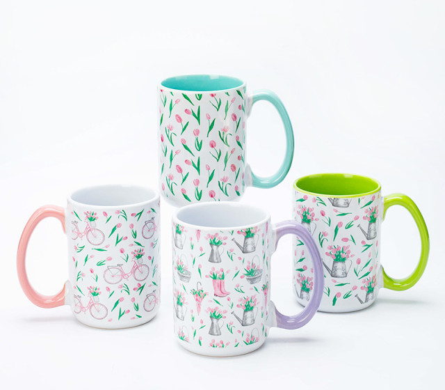 Floral decal printed stoneware coffee mug