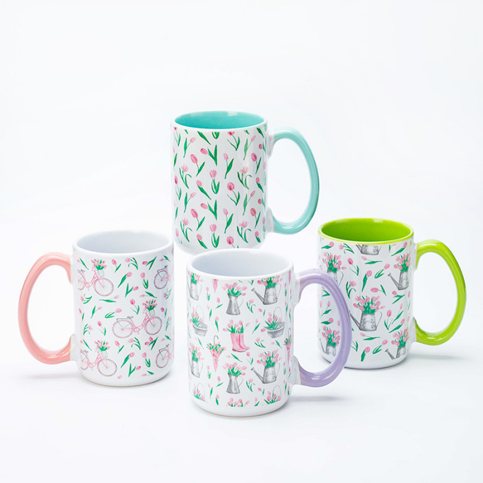 Ceramic Decal Printing Fresh Floral Ceramic Coffee Mugs - Elegant Floral Pattern, Solid Color Handle, Stoneware
