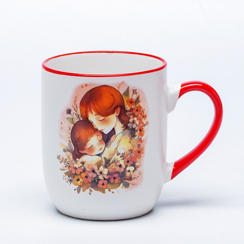 Ceramic Decal Printed Mother's Day Ceramic Coffee Mugs - Parent & Child Warm Red Pattern, Stoneware
