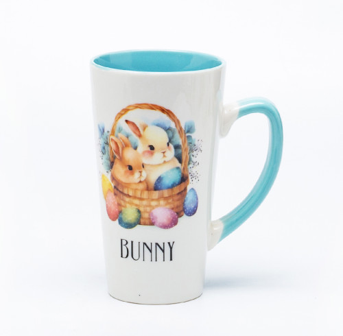 Ceramic Decal Printed Easter Bunny Tall Ceramic Mugs - Tall Shape, Solid Color Inside, Stoneware
