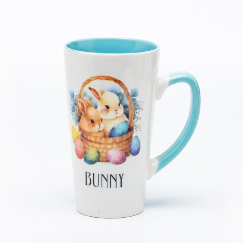 Ceramic Decal Printed Easter Bunny Tall Ceramic Mugs - Tall Shape, Solid Color Inside, Stoneware