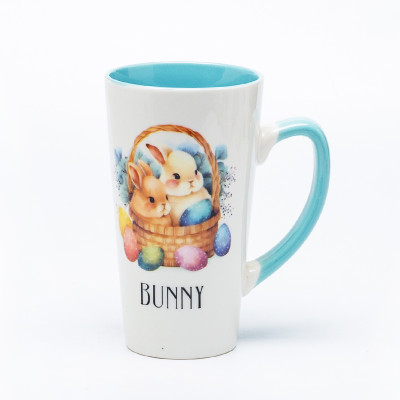 Ceramic Decal Printed Easter Bunny Tall Ceramic Mugs - Tall Shape, Solid Color Inside, Stoneware