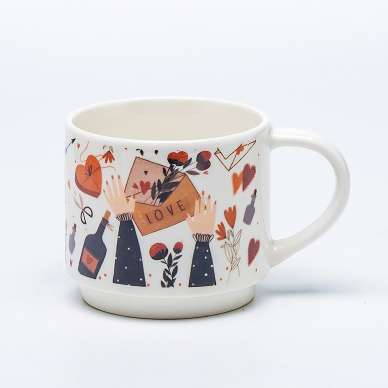 White ceramic mug with love letter illustration front view